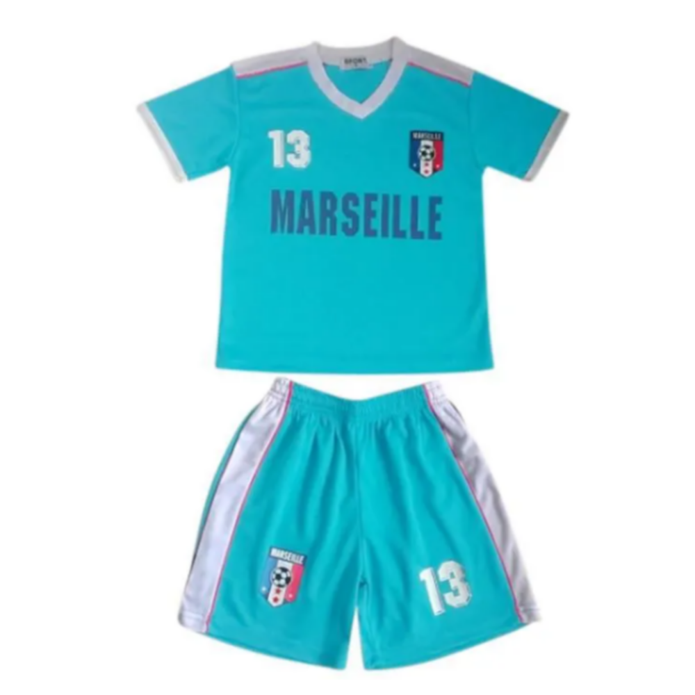 Ensemble short et maillot de foot Marseille enfant bleu turquoise