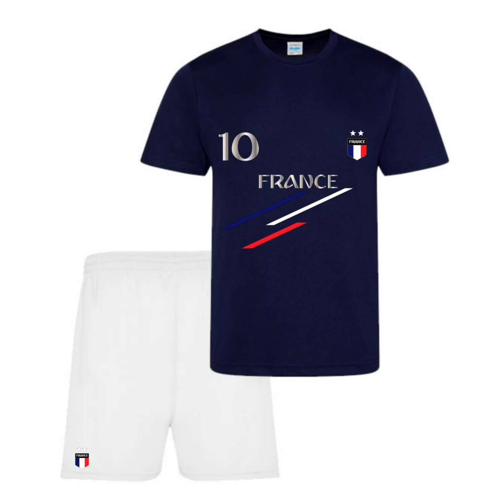 Ensemble short et maillot de foot France 2 étoiles enfant bleu marine Blanc
